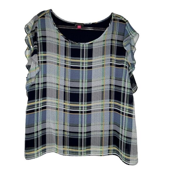 Vince Camuto Blouse Plaid Short Ruffle Sleeve Chiffon Flowy Size 2XL NWT - Picture 1 of 10